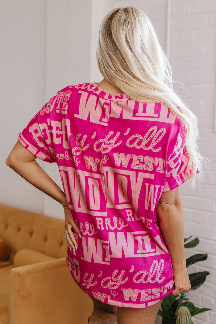 Rose Howdy Cowboy Letter Printed Western Fashion Tee - Tops/Tops & Tees