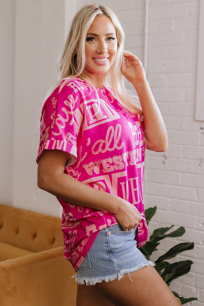 Rose Howdy Cowboy Letter Printed Western Fashion Tee - Tops/Tops & Tees