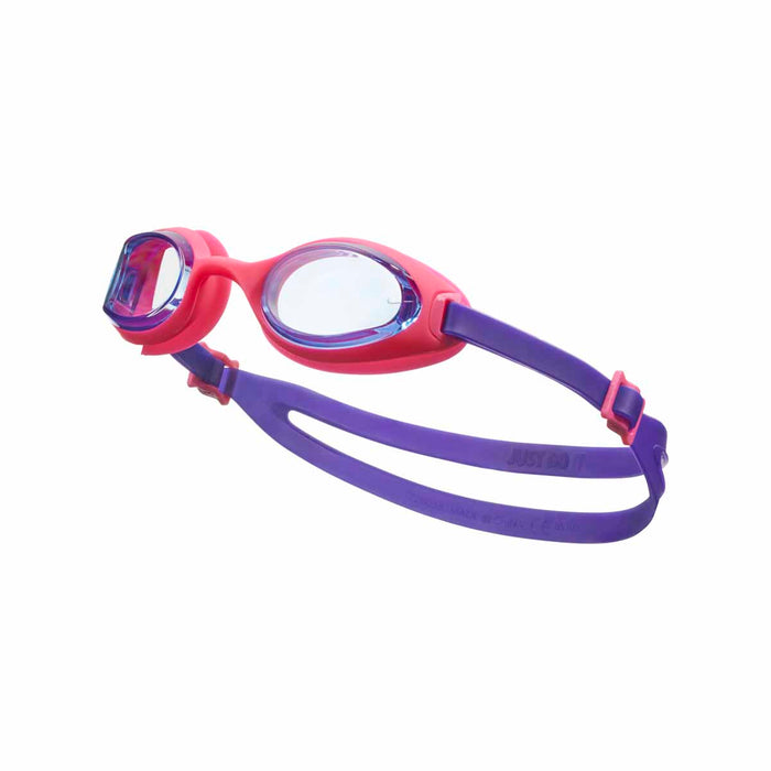 Nike Hyper Flow youth goggles in vibrant hyper pink, featuring a sleek design and adjustable straps for comfortable swimming.