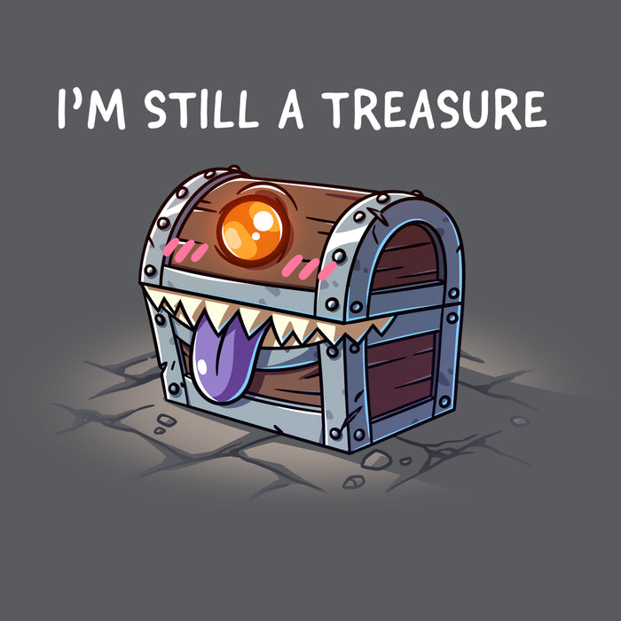 Premium Cotton T-shirt_TeeTurtle charcoal gray I'm Still a Treasure apparel featuring a mimic happily smiling with its tongue out.