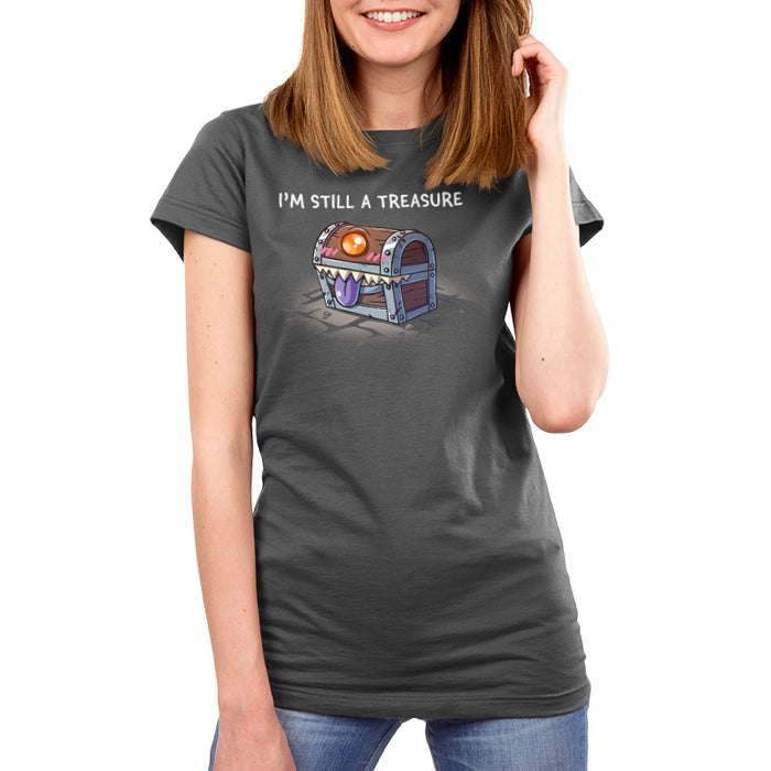 Premium Cotton T-shirt_TeeTurtle charcoal gray I'm Still a Treasure apparel featuring a mimic happily smiling with its tongue out.