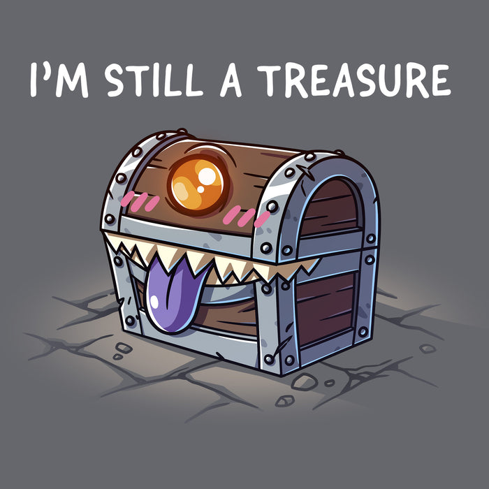 Classic Cotton T-shirt_TeeTurtle charcoal gray I'm Still a Treasure apparel featuring a mimic happily smiling with its tongue out.
