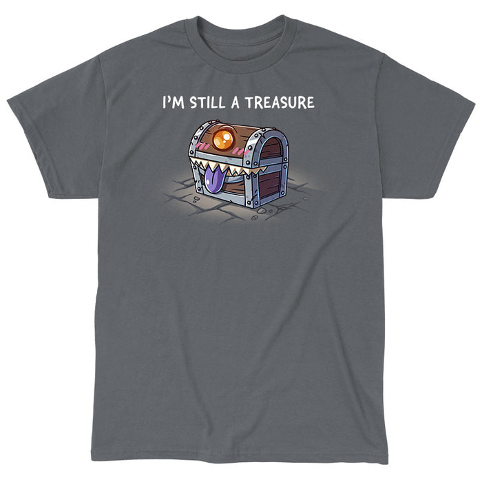 Classic Cotton T-shirt_TeeTurtle charcoal gray I'm Still a Treasure apparel featuring a mimic happily smiling with its tongue out.