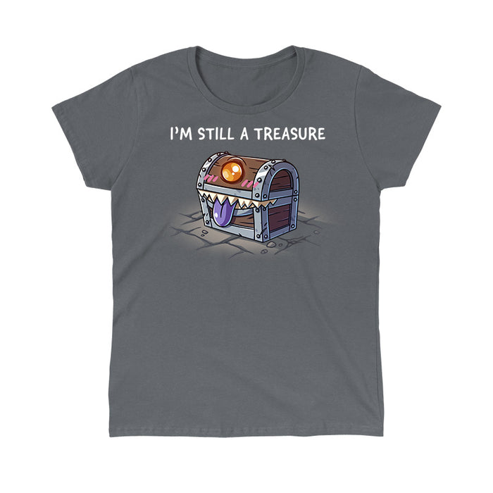 Classic Cotton T-shirt_TeeTurtle charcoal gray I'm Still a Treasure apparel featuring a mimic happily smiling with its tongue out.