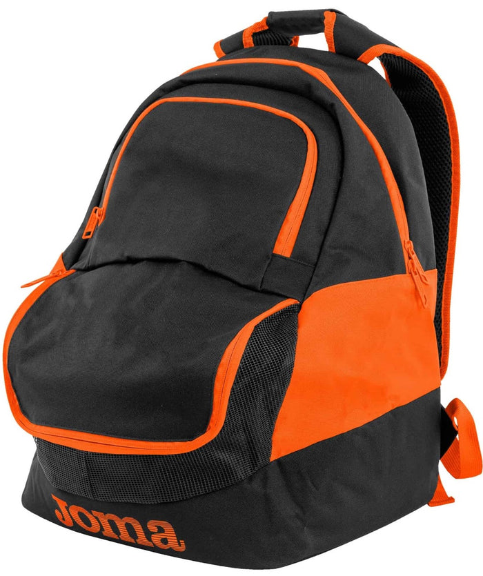 Joma Diamond II backpack in black and orange with multiple compartments and adjustable straps for everyday use.