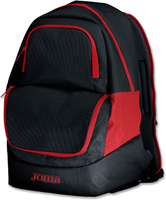 Joma Diamond II backpack in black and red with multiple compartments and adjustable straps, suitable for sports or daily use.