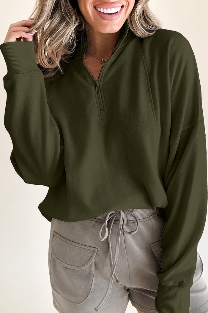 Jungle Green Zipped Neck Pullover Drop Shoulder Sweatshirt - JUNGLE GREEN / S / 50% POLYESTER + 50% COTTON