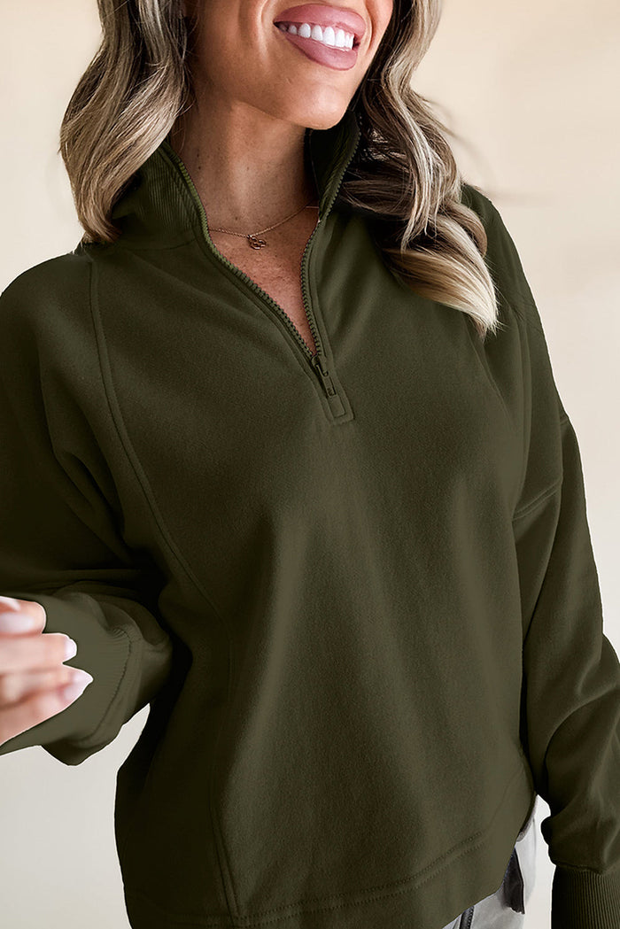 Jungle Green Zipped Neck Pullover Drop Shoulder Sweatshirt - Tops/Sweatshirts & Hoodies