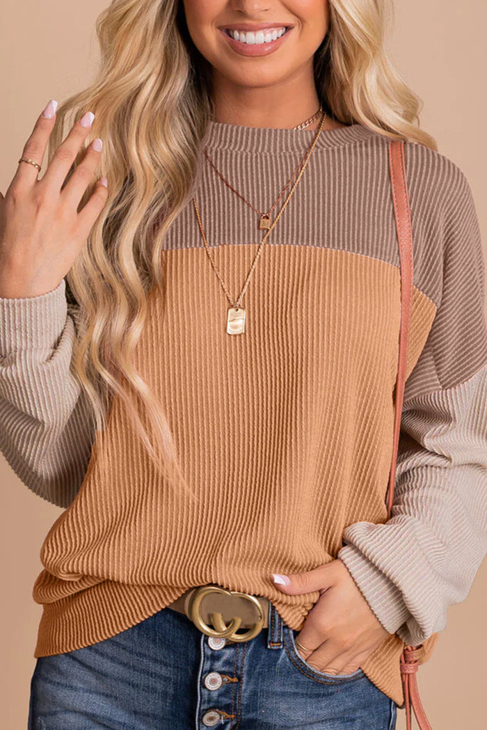 Khaki Colour Block Long Sleeve Ribbed Loose Top - S / 75% Polyester + 20% Viscose + 5% Elastane - Tops/Long Tops
