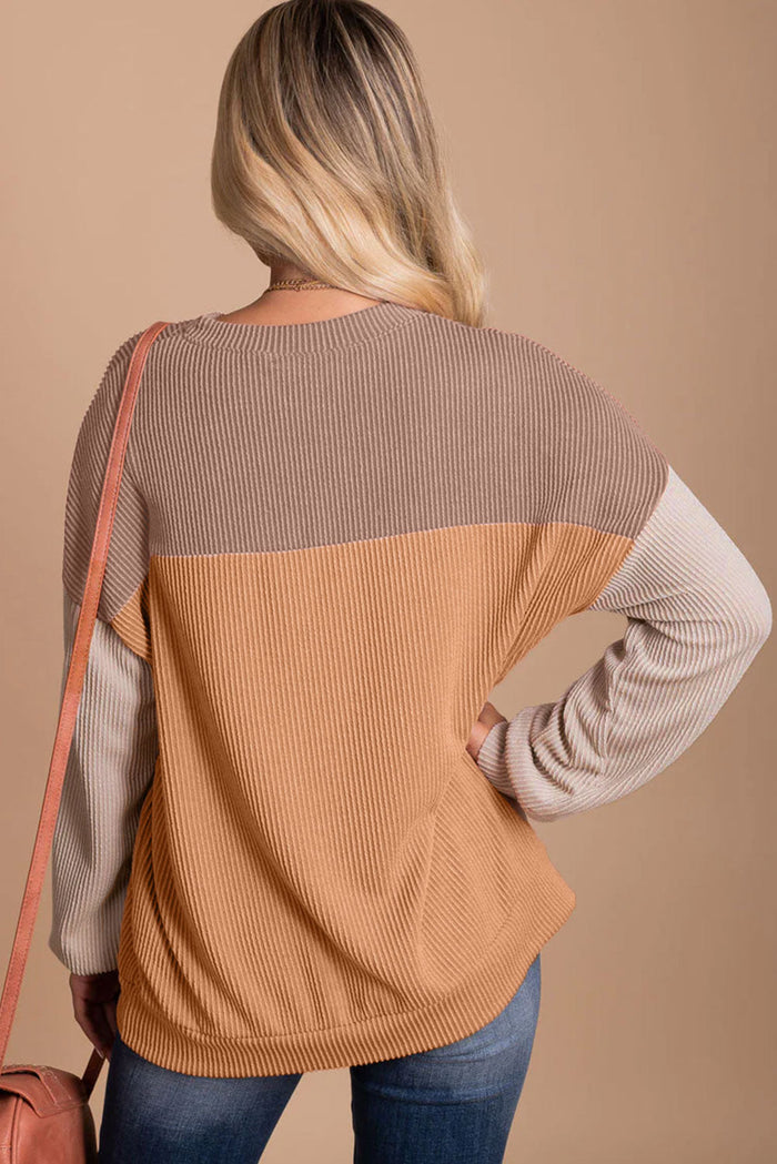 Khaki Colour Block Long Sleeve Ribbed Loose Top - Tops/Long Tops