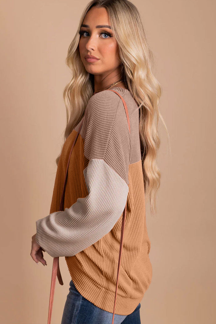 Khaki Colour Block Long Sleeve Ribbed Loose Top - Tops/Long Tops