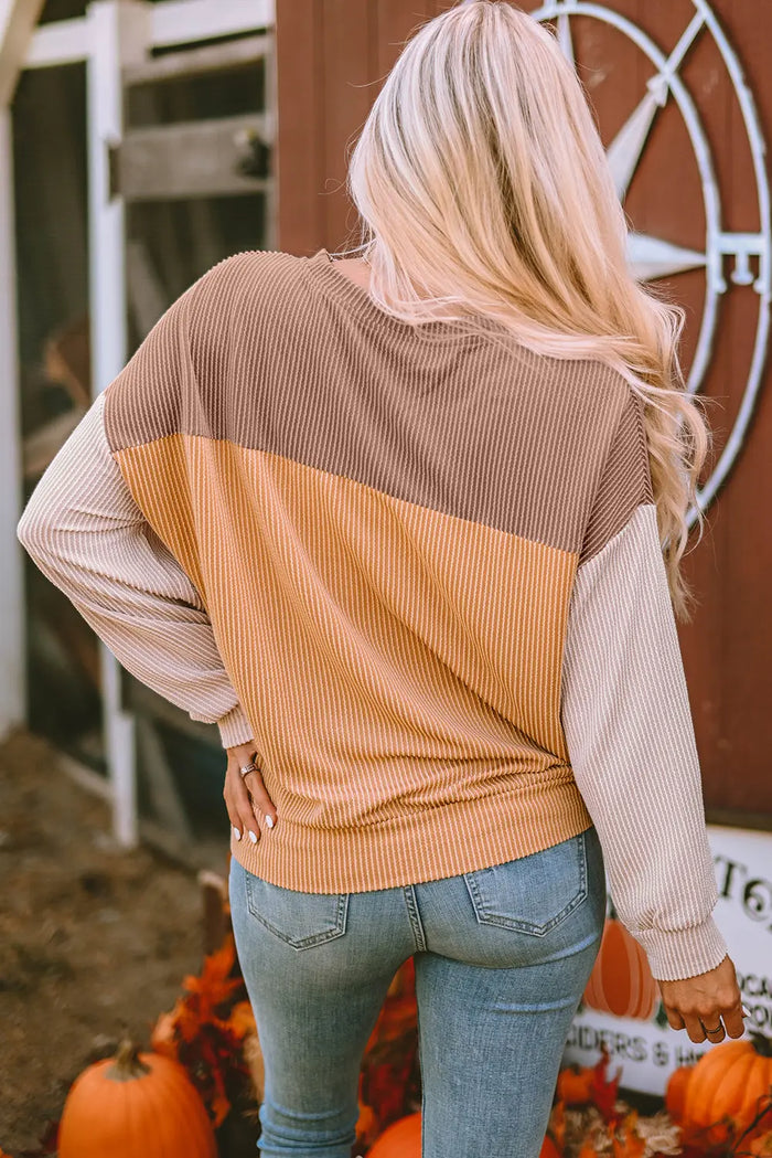Khaki Colour Block Long Sleeve Ribbed Loose Top - Tops/Long Tops