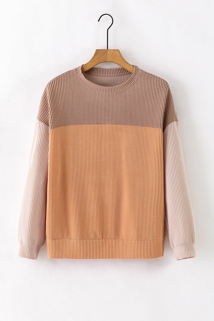Khaki Colour Block Long Sleeve Ribbed Loose Top - Tops/Long Tops