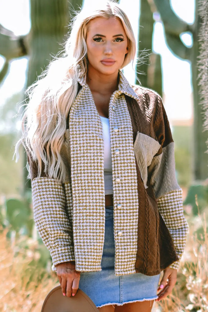 Khaki Houndstooth Colour Contrast Textured Patchwork Loose Shacket - KHAKI / S / 100% POLYESTER - Outerwear/Jackets