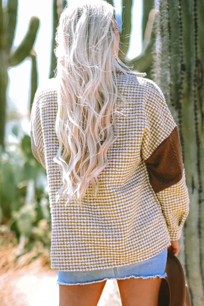 Khaki Houndstooth Colour Contrast Textured Patchwork Loose Shacket - Outerwear/Jackets