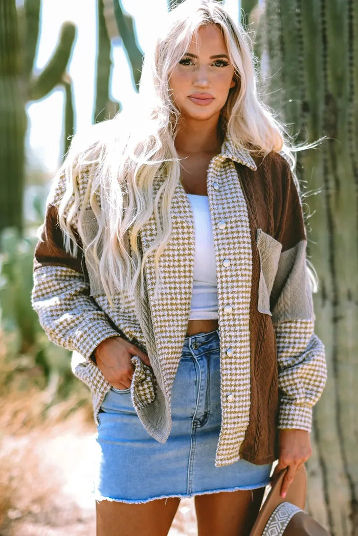 Khaki Houndstooth Colour Contrast Textured Patchwork Loose Shacket - Outerwear/Jackets
