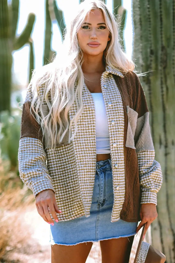 Khaki Houndstooth Colour Contrast Textured Patchwork Loose Shacket - Outerwear/Jackets