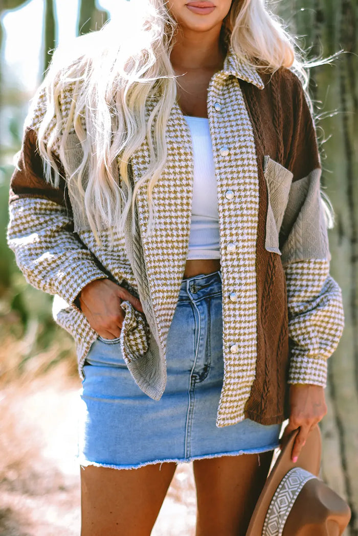Khaki Houndstooth Colour Contrast Textured Patchwork Loose Shacket - Outerwear/Jackets