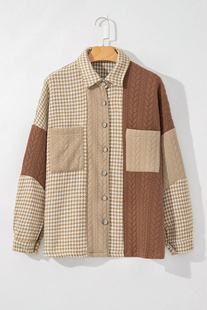 Khaki Houndstooth Colour Contrast Textured Patchwork Loose Shacket - Outerwear/Jackets