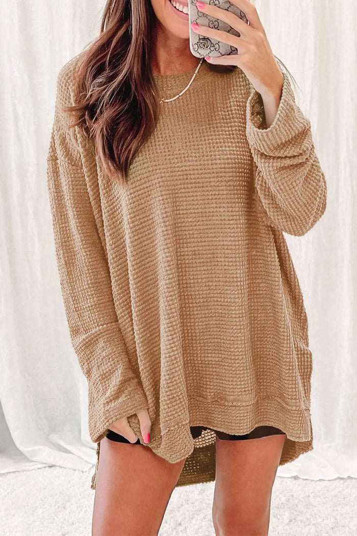 Khaki Waffle Knit High Slits Oversized Top - Tops/Long Sleeve Tops