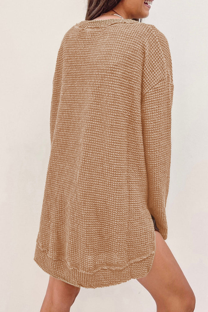 Khaki Waffle Knit High Slits Oversized Top - Tops/Long Sleeve Tops