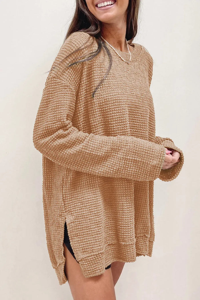 Khaki Waffle Knit High Slits Oversized Top - Tops/Long Sleeve Tops