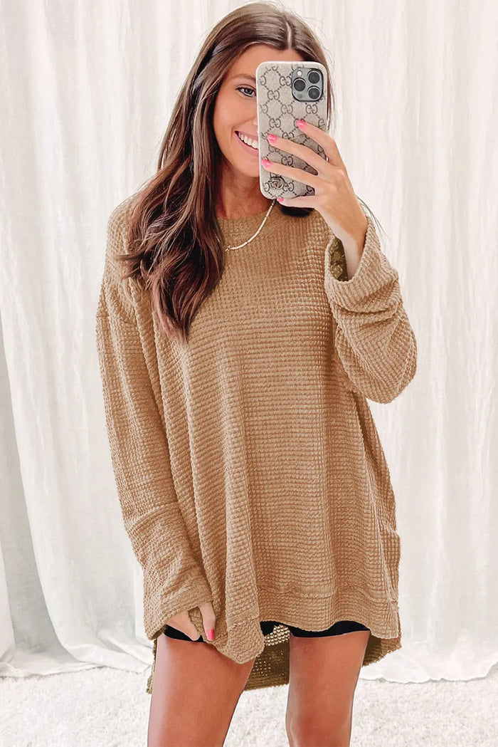 Khaki Waffle Knit High Slits Oversized Top - Tops/Long Sleeve Tops