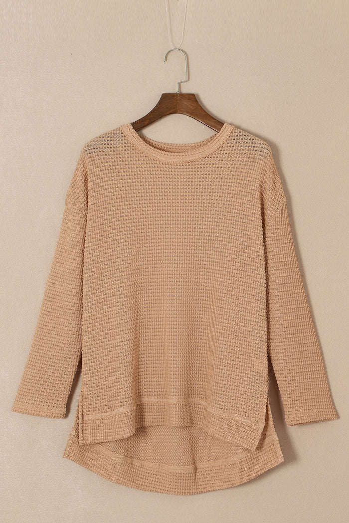 Khaki Waffle Knit High Slits Oversized Top - Tops/Long Sleeve Tops