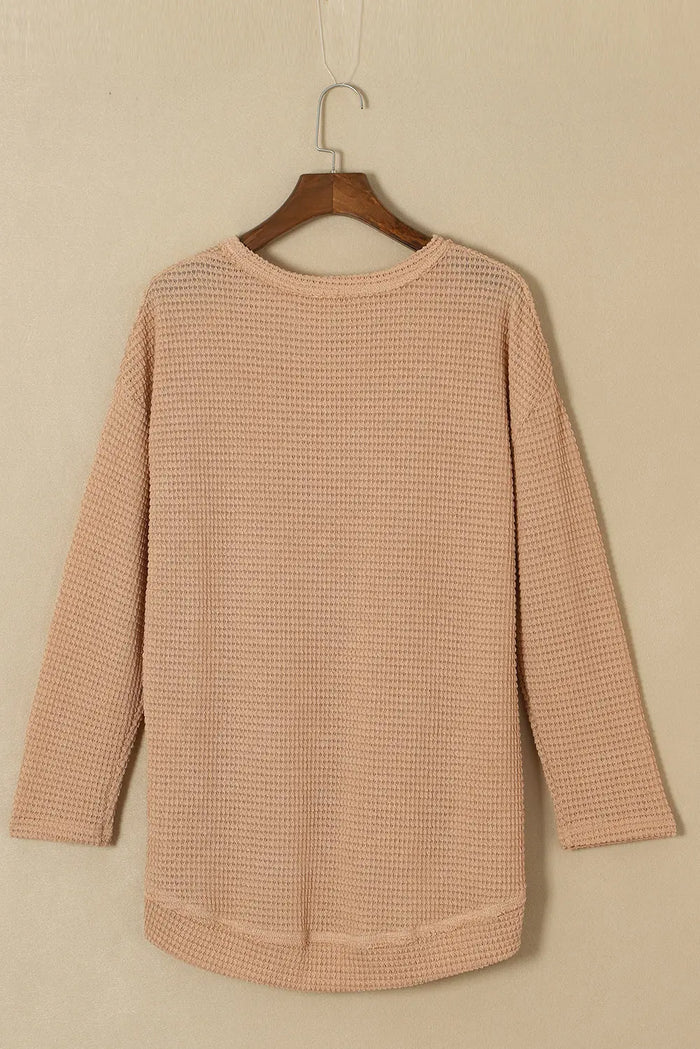 Khaki Waffle Knit High Slits Oversized Top - Tops/Long Sleeve Tops