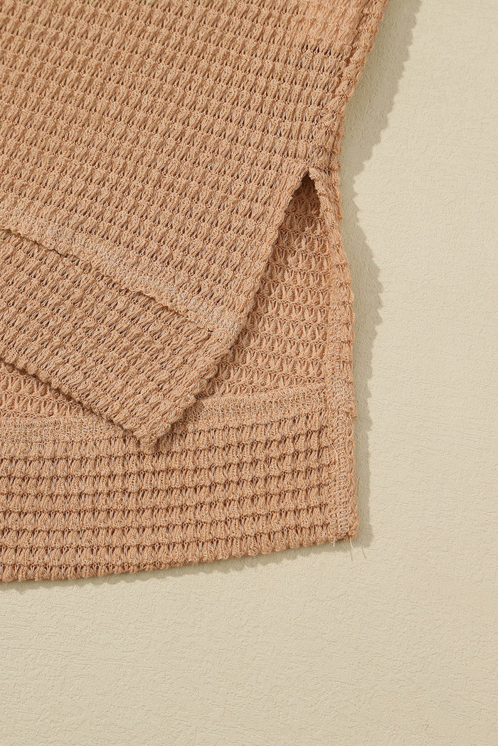 Khaki Waffle Knit High Slits Oversized Top - Tops/Long Sleeve Tops