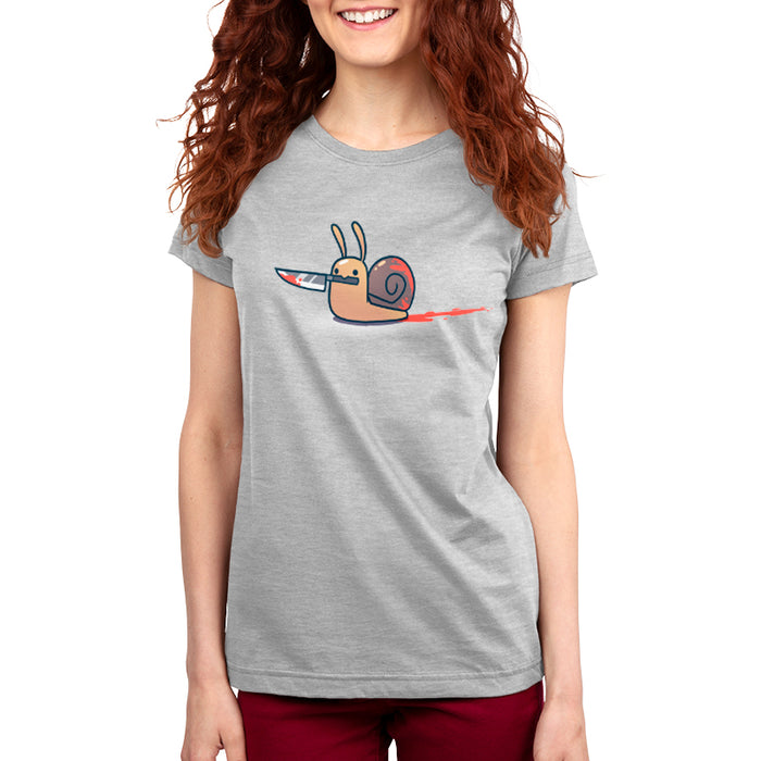 Premium Cotton T-shirt_TeeTurtle silver gray Killer Snail. Featuring a bloody snail holding a bloody knife in its mouth.