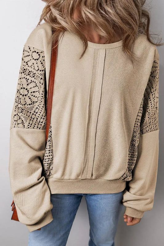 Knit Crochet Exposed Seam Ribbed Trim Sweatshirt - PARCHMENT / S / 59% POLYESTER + 41% COTTON - Tops/Sweatshirts &
