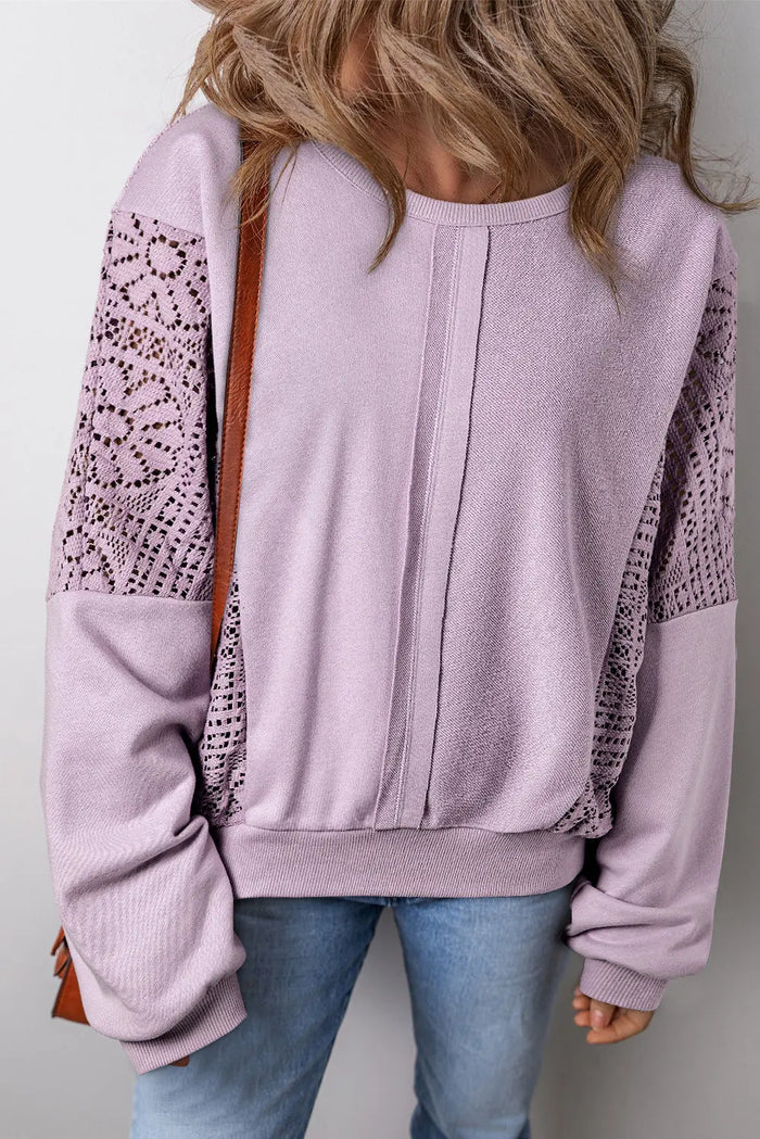Knit Crochet Exposed Seam Ribbed Trim Sweatshirt - ORCHID PETAL / S / 59% POLYESTER + 41% COTTON - Tops/Sweatshirts &