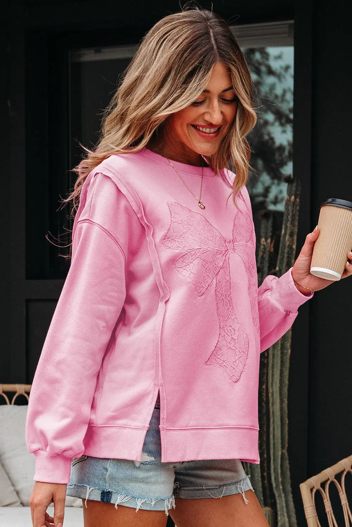 Lace Insert Bow Embroidered Exposed Seam Sweatshirt - Tops/Sweatshirts & Hoodies
