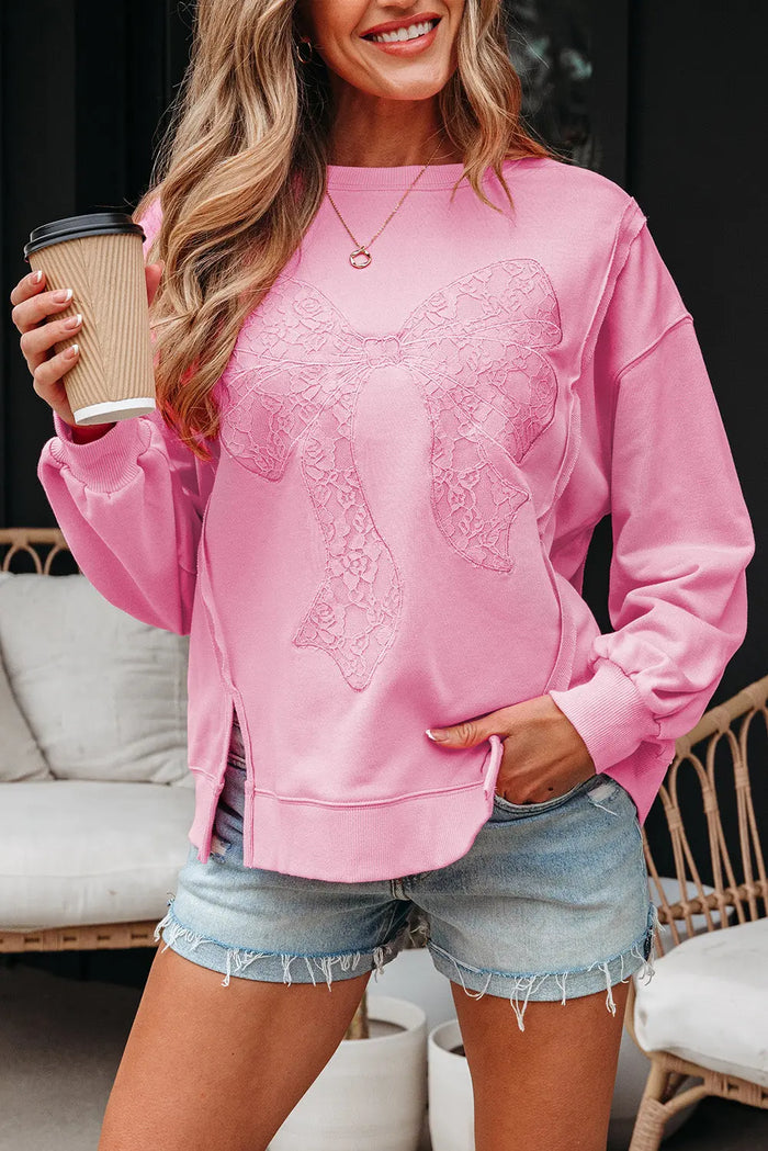 Lace Insert Bow Embroidered Exposed Seam Sweatshirt - Tops/Sweatshirts & Hoodies