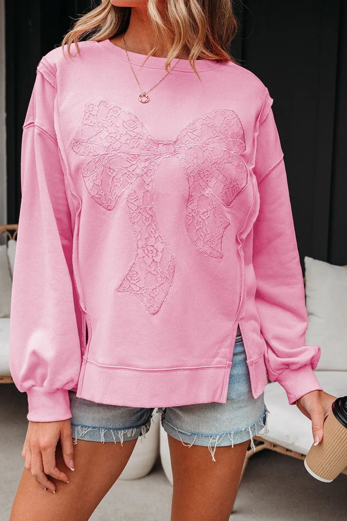 Lace Insert Bow Embroidered Exposed Seam Sweatshirt - Tops/Sweatshirts & Hoodies