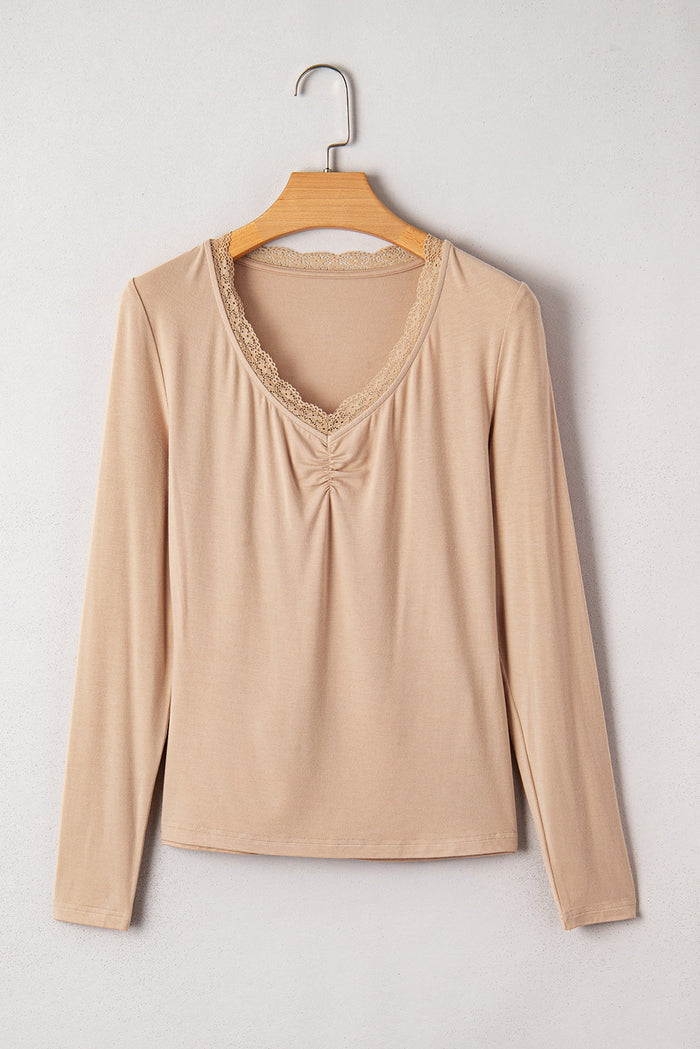 Lace-trimmed Sweetheart Neckline Ruched Detail Long Sleeve T-shirt - Tops/Long Tops