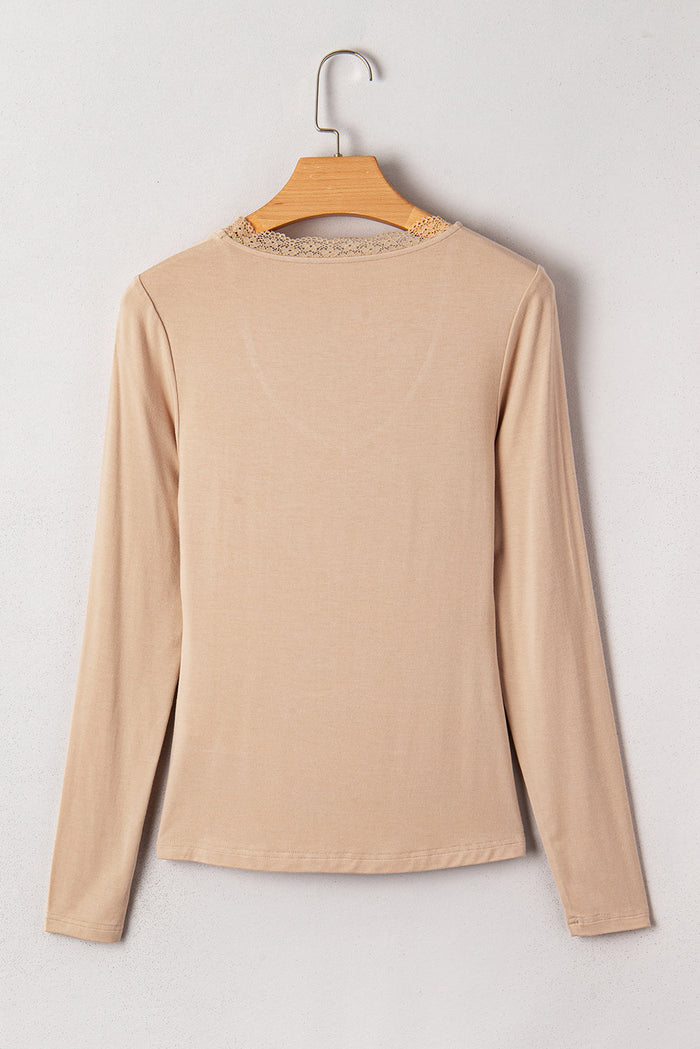 Lace-trimmed Sweetheart Neckline Ruched Detail Long Sleeve T-shirt - Tops/Long Tops