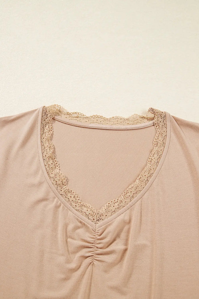 Lace-trimmed Sweetheart Neckline Ruched Detail Long Sleeve T-shirt - Tops/Long Tops