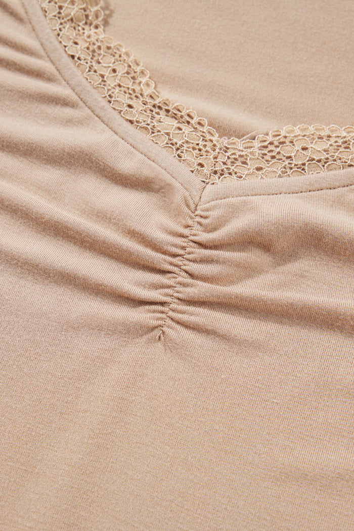 Lace-trimmed Sweetheart Neckline Ruched Detail Long Sleeve T-shirt - Tops/Long Tops