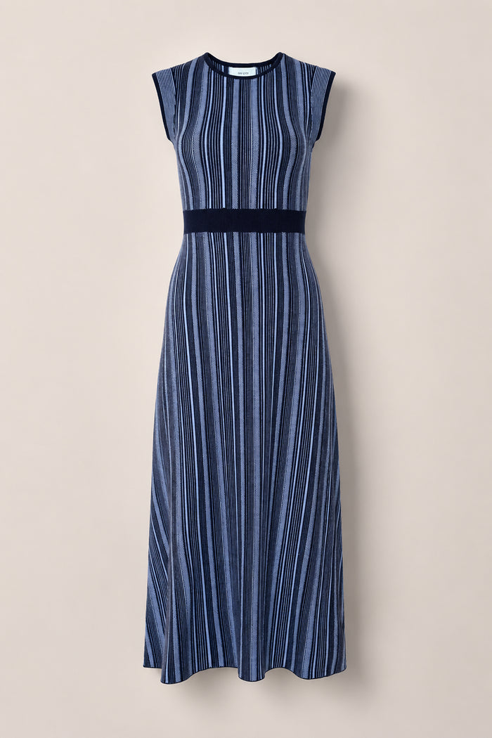 The Laurel Dress in Midnight by Ivy City Co is a sleeveless, ankle-length style featuring vertical blue and navy stripes, a fitted bodice, and a defined waistband for a flattering silhouette. Shown against a light beige background, this dress delivers effortless sophistication and is maternity friendly—perfect for any occasion.