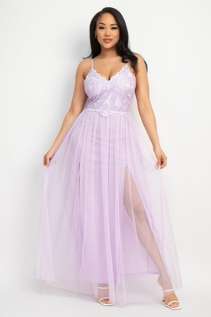 Lavender Lace Overlay Embroidered Maxi Dress