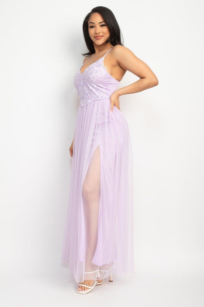 Lavender Lace Overlay Embroidered Maxi Dress
