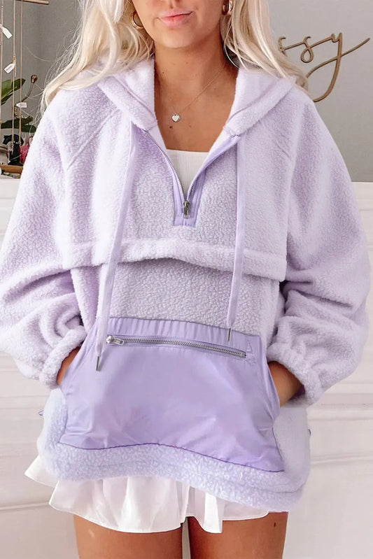Lavendula Zipped Patch Pocket Fuzzy Drawstring Hoodie - LAVENDULA / S / 100% POLYESTER - Tops/Sweatshirts & Hoodies