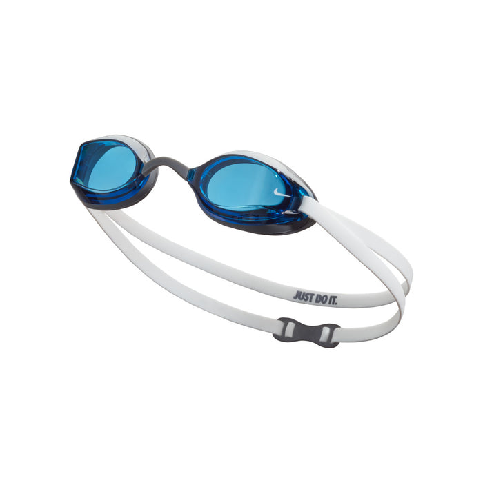 Nike Legacy Goggle in blue, swim goggles with adjustable strap and clear lenses, designed for comfortable swimming.