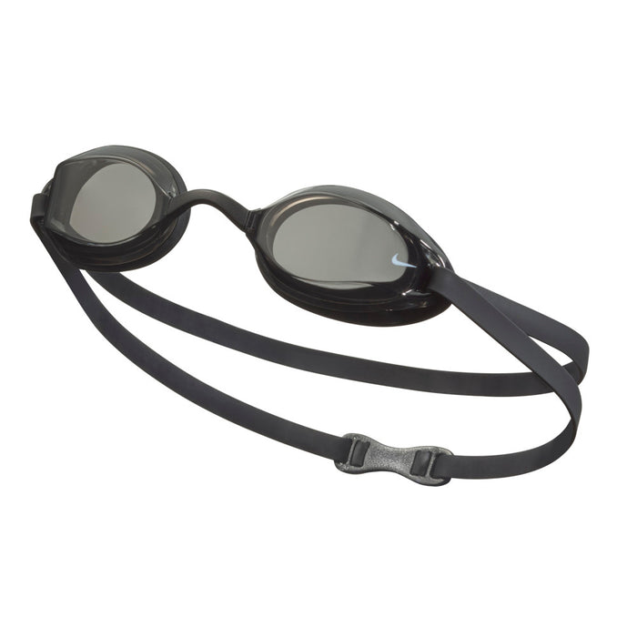 Nike Legacy Goggle in grey with adjustable strap and clear lenses, designed for swimming and water sports.