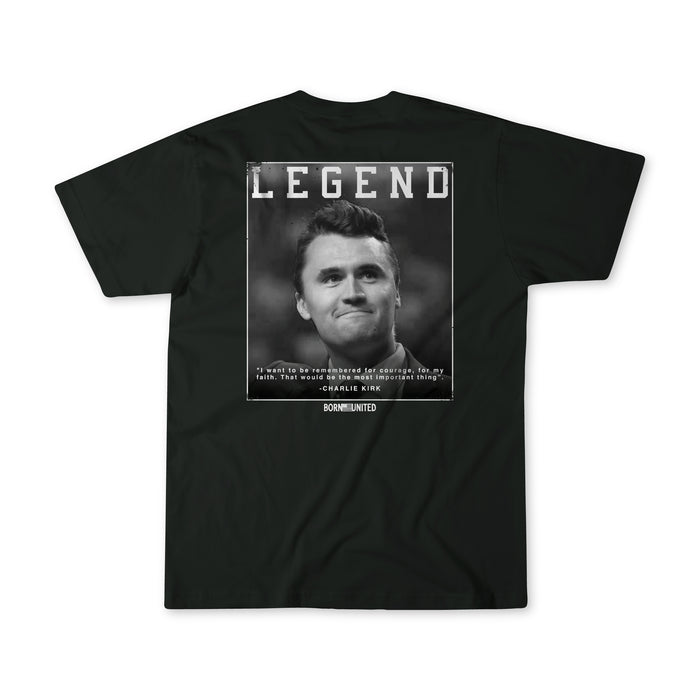 The Legend - Charlie Kirk t-shirt by Born United Private Label features a grayscale photo of Charlie Kirk on the back, "LEGEND" above, his quote below, plus small "BOOMERUNITED" text—perfect for fans and collectors.