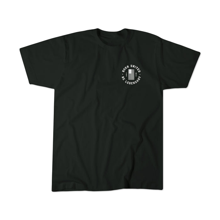 The Legend - Charlie Kirk by Born United Private Label is a black T-shirt with a small white circular logo featuring text and a vertical bar on the left chest, perfect for any American Patriot. The shirt is laid flat on a white background.