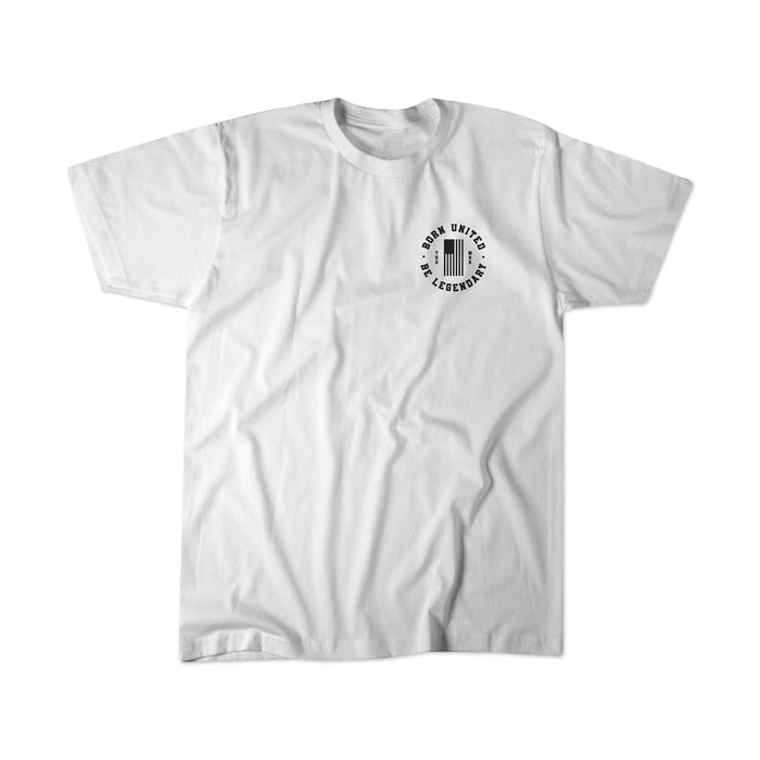 A plain white t-shirt by Born United Private Label called Legends - Honey Im Home!, featuring a small black vertical striped graphic with the words AS IRON UNTEMPERED AS LEGENDARY on the upper left chest.