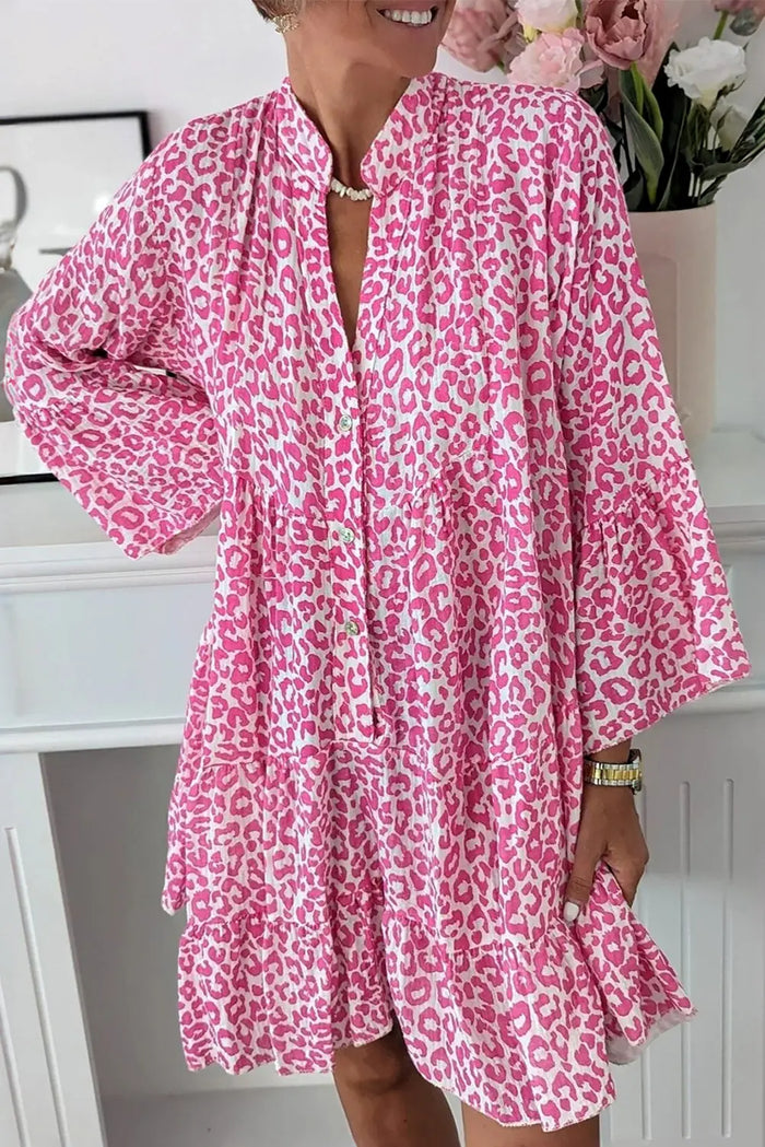 Bright Pink Leopard Printed Long Sleeve Buttoned Front Mini Dress - BRIGHT PINK / S / 100% POLYESTER - Dresses/Mini